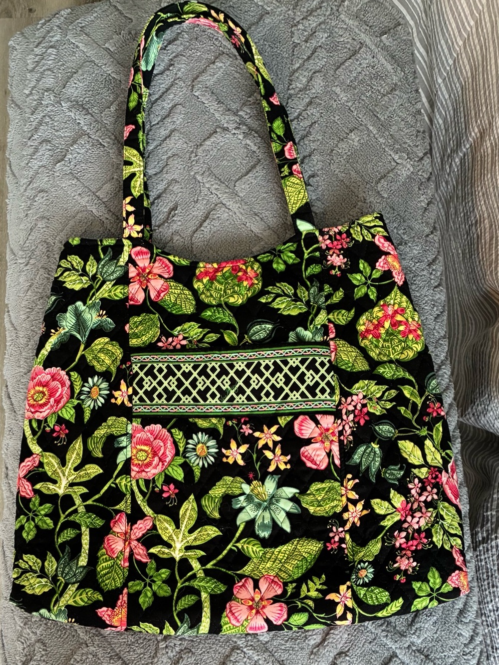 Vera Bradley Botanica Large Tote Bag Retired 2007 Black Pink Green Floral Quilt